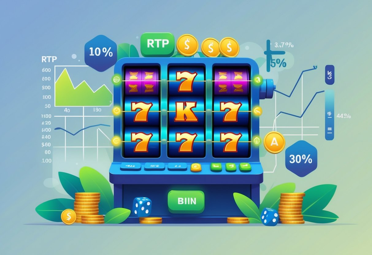 Ilustrasi mesin slot dengan simbol dan grafik yang menggambarkan RTP dan volatilitas dalam permainan Bandit Megaways.