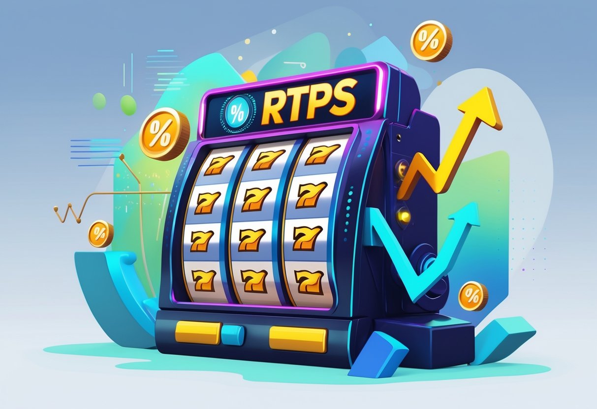 Ilustrasi mesin slot Megaways dengan simbol dan grafik yang menggambarkan RTP dan volatilitas.