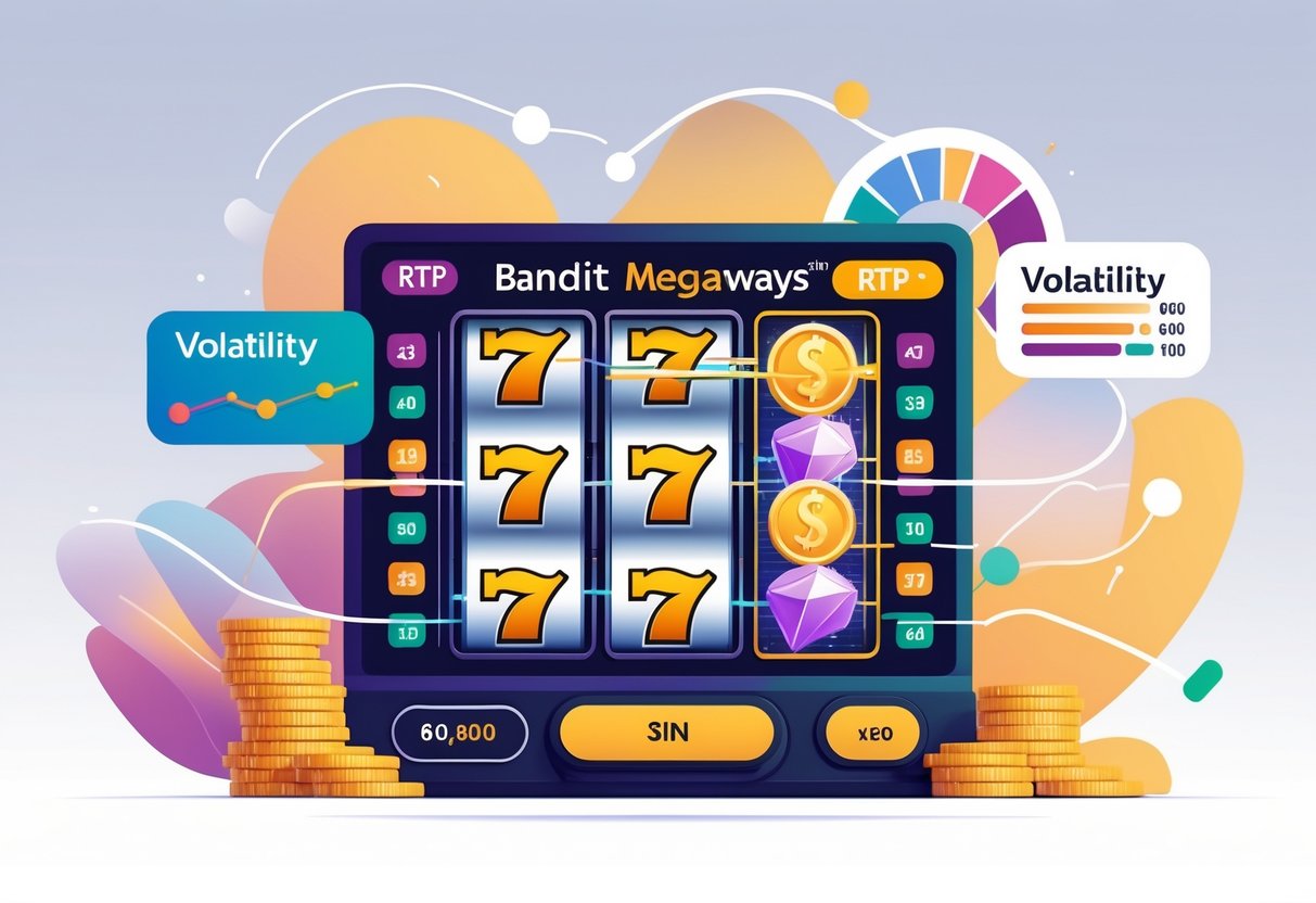 Ilustrasi mesin slot dengan gulungan berputar, grafik yang menunjukkan tingkat RTP dan volatilitas, serta simbol koin yang mewakili pengembalian pemain.