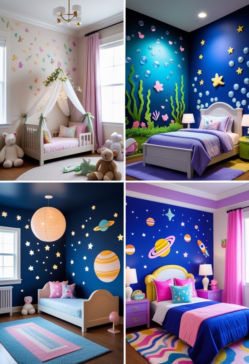 A collage of four toddler girl bedrooms, each decorated with playful themed wall decor including woodland fairy, underwater adventure, space explorer, and candy land themes.