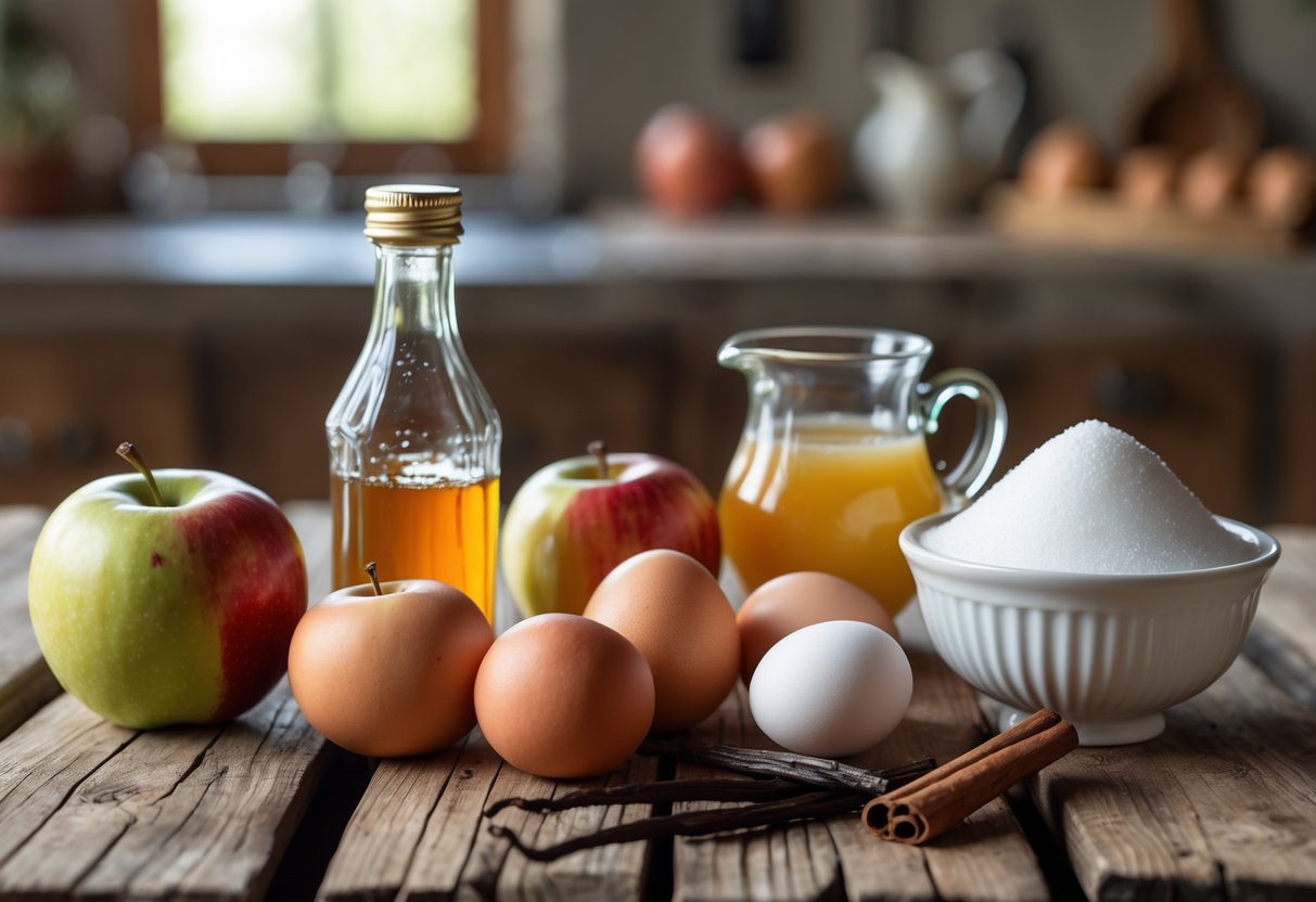 A wooden surface with fresh apples, apple cider, vanilla beans, cream, eggs, sugar, and a cinnamon stick arranged for making Apple Cider Crème Brûlée.