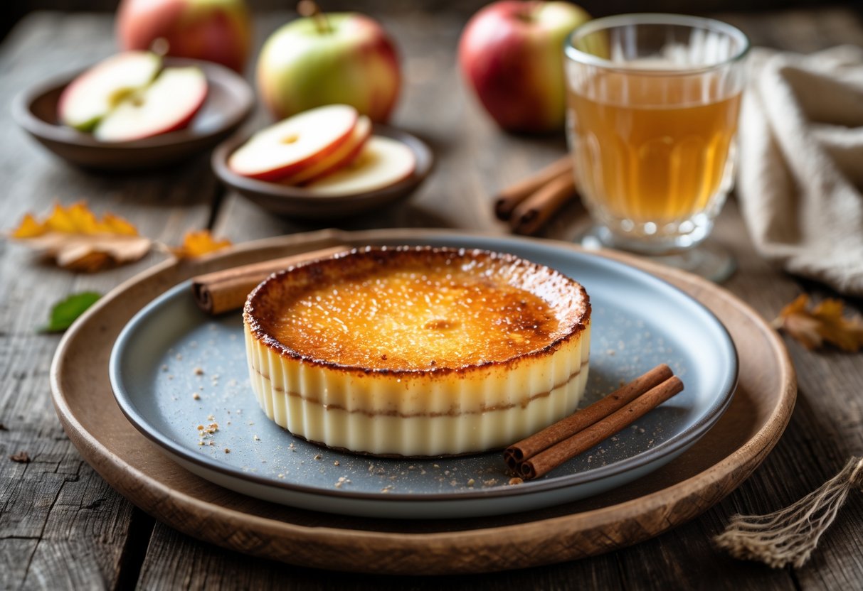 A plated apple cider crème brûlée with caramelized sugar crust, fresh apple slices, a cinnamon stick, and a glass of apple cider on a wooden table.