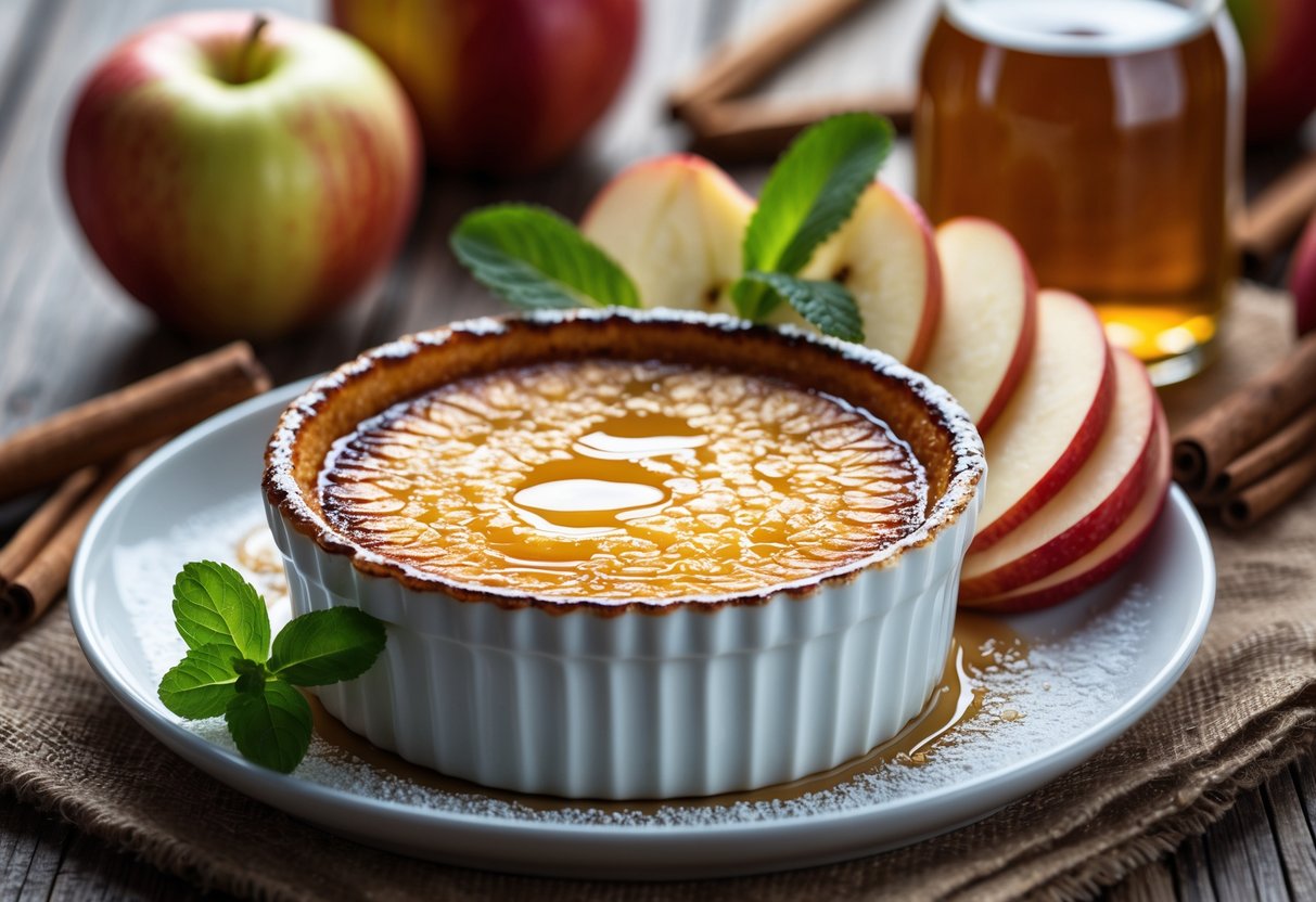 A close-up of a caramelized apple cider crème brûlée dessert in a white ramekin, garnished with apple slices and mint on a wooden table with autumn-themed decorations in the background.