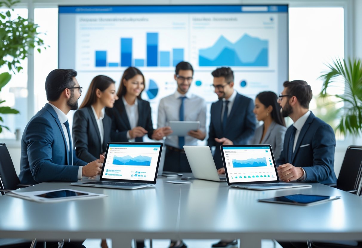 Mehrere Personen arbeiten gemeinsam an einem Konferenztisch mit Laptops und Tablets in einem modernen Büro.
