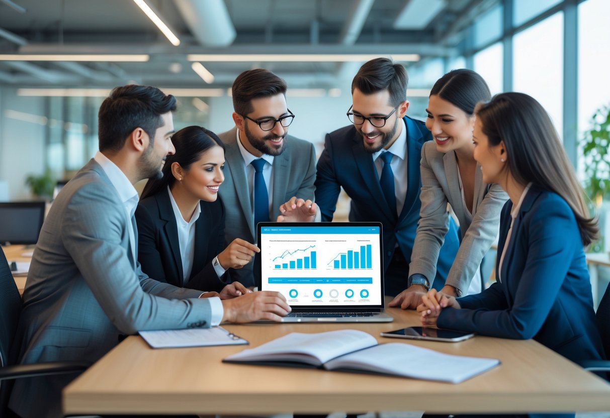 Geschäftsleute arbeiten gemeinsam an einem Laptop in einem modernen Büro.