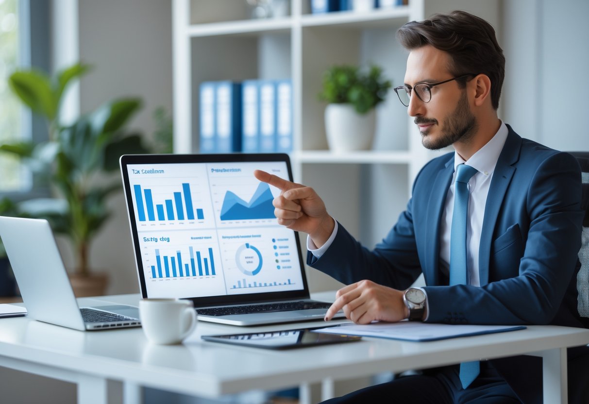 Ein Steuerberater arbeitet konzentriert an einem Schreibtisch mit Laptop und Tablet, umgeben von Fachbüchern in einem modernen Büro.