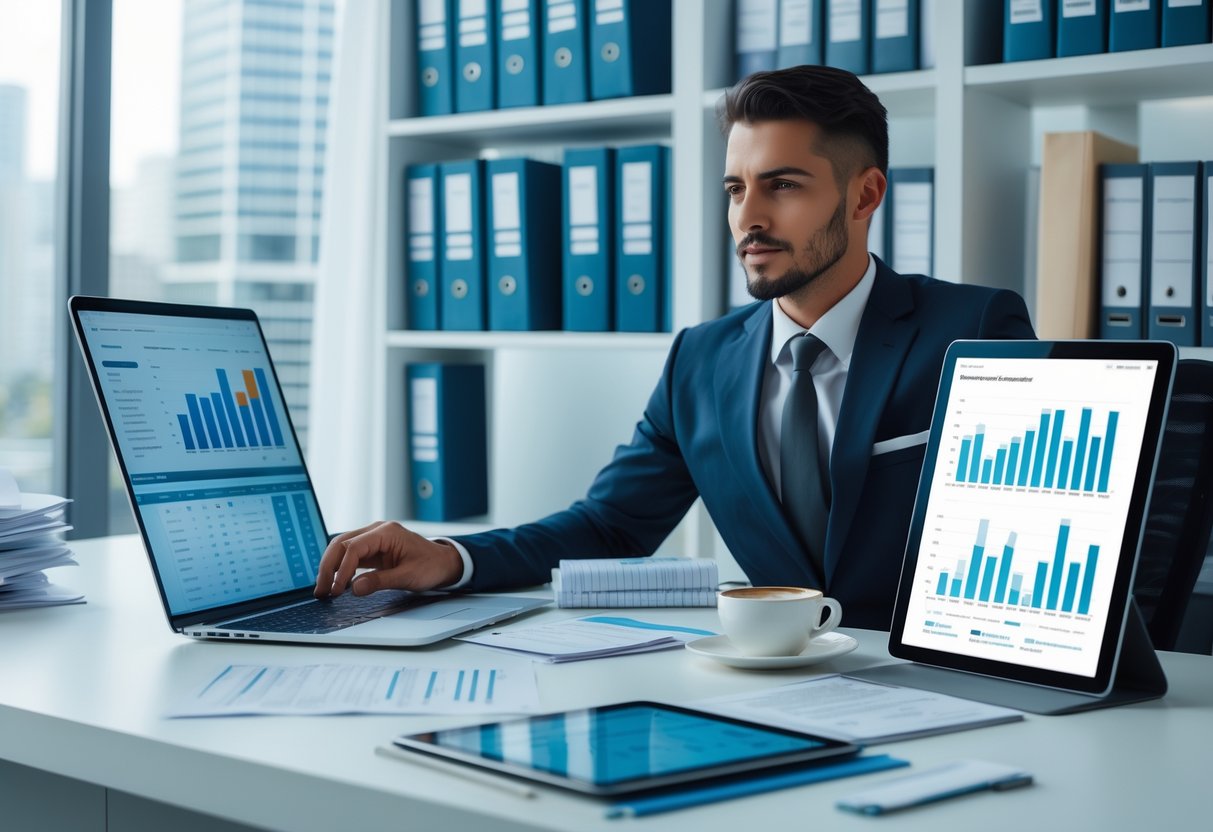 Ein Geschäftsmann arbeitet in einem modernen Büro an einem Laptop mit Diagrammen und Daten zur Keyword-Recherche für Steuerberater.