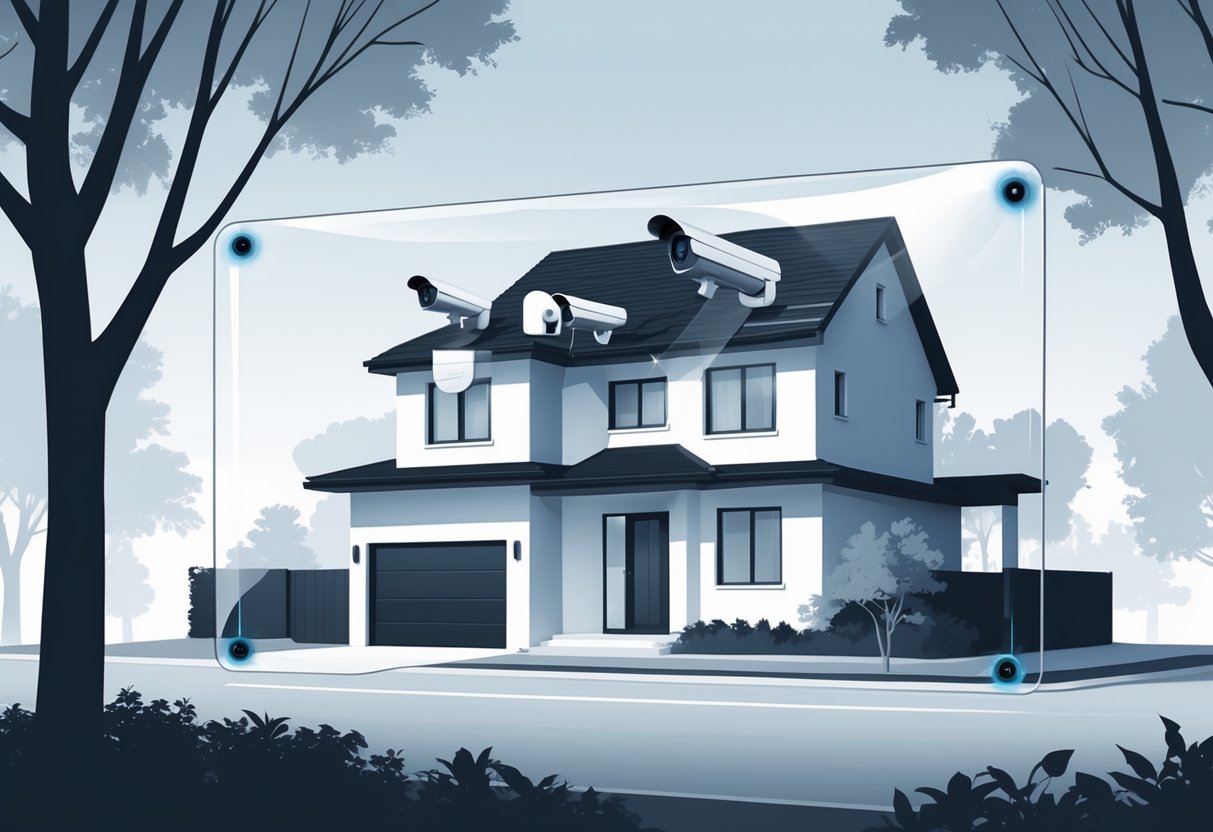A house protected by security cameras monitoring the surroundings, with a transparent shield symbolizing safety and security.