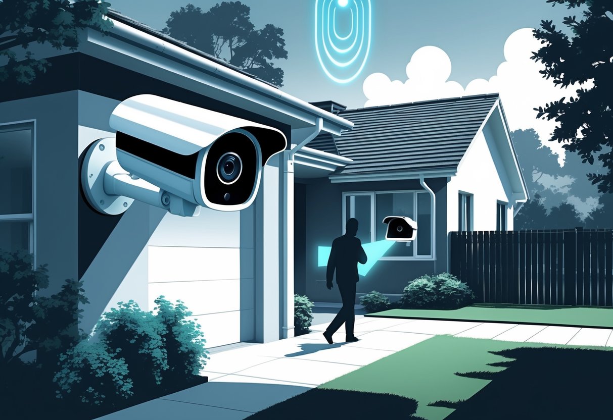 A security camera mounted on a house monitors a yard and driveway while detecting a person approaching the property.