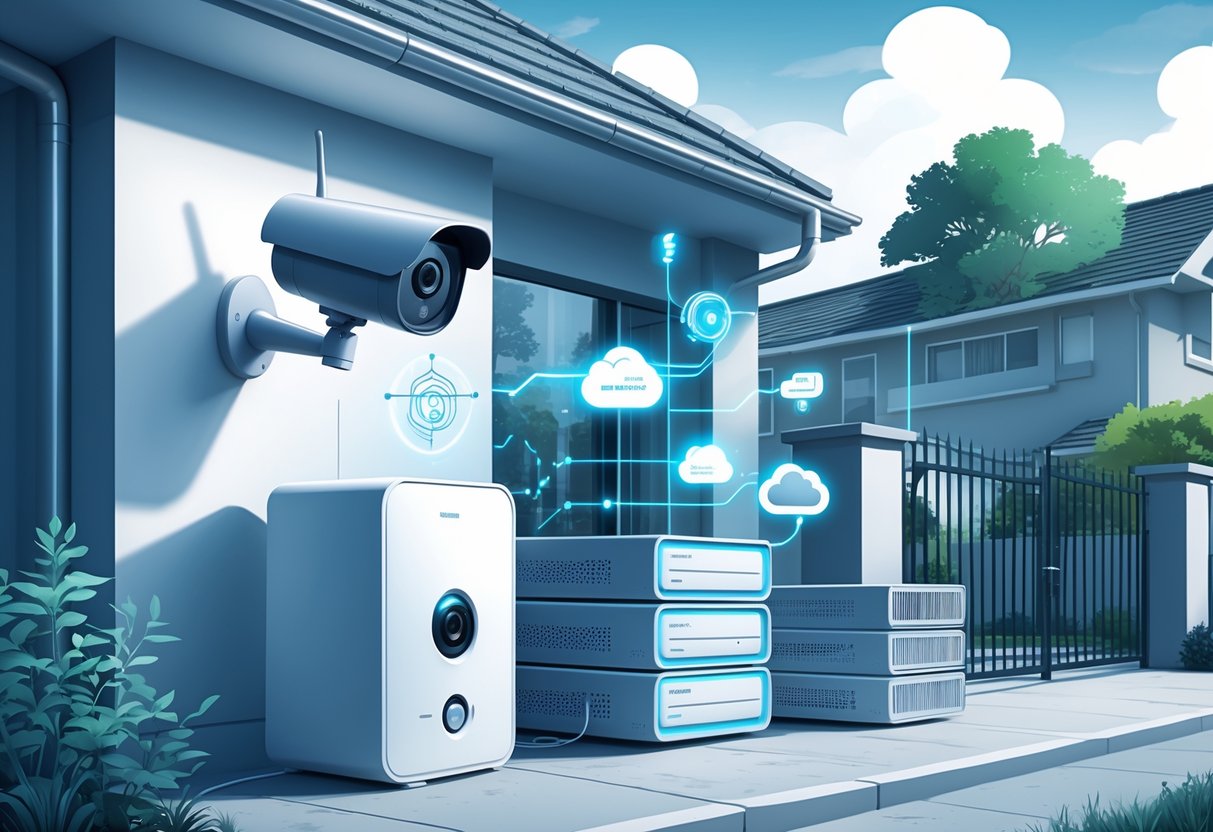 A security camera mounted on a building monitoring a residential property, connected visually to various storage devices representing footage storage and access.