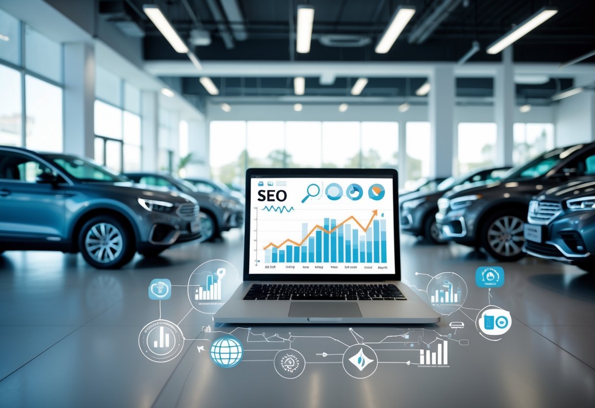 Ein moderner Autohaus-Showroom mit mehreren Autos und einer Person, die an einem Laptop arbeitet.