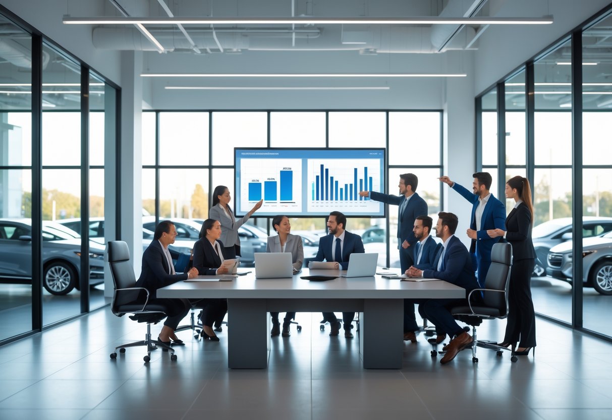 Mehrere Personen arbeiten gemeinsam in einem modernen B&uuml;ro eines Autohauses an Computern und besprechen Daten.