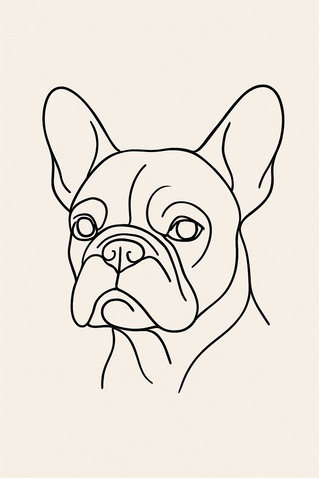 Outline drawing of a French Bulldog's face made with a single continuous black line on a light background.
