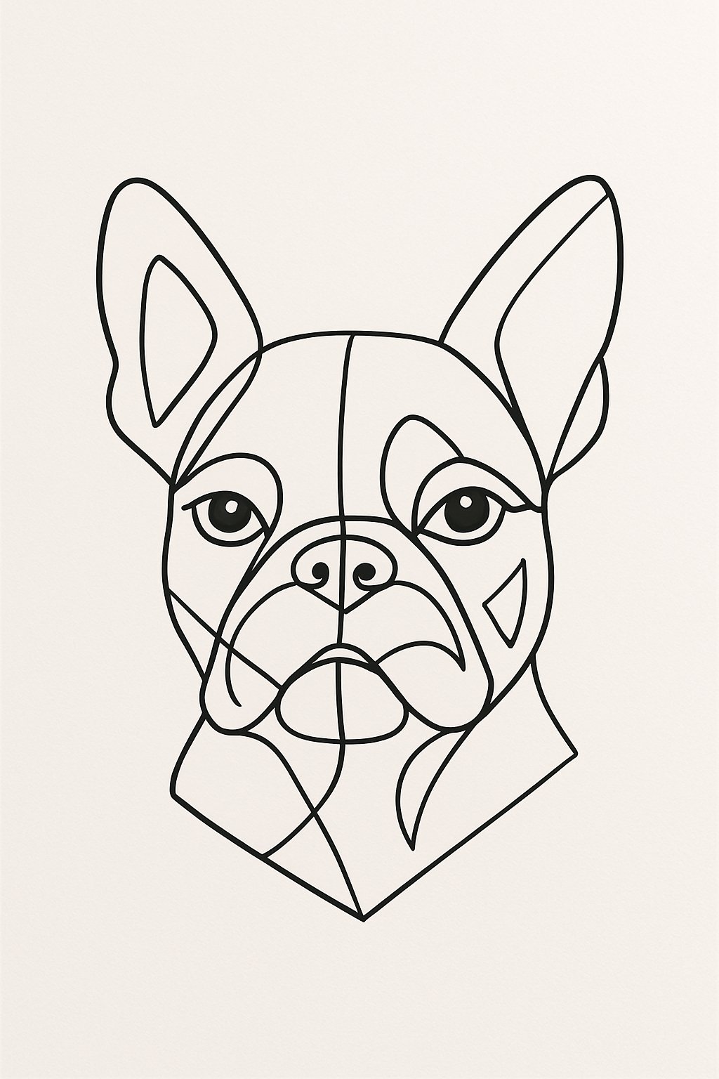 A minimalist continuous line drawing of a French Bulldog face composed of abstract geometric shapes on a plain background.