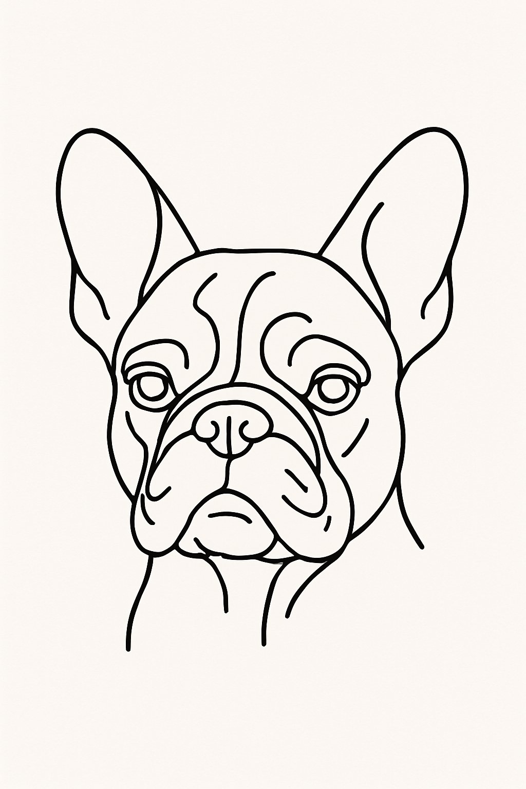 Outline drawing of a French Bulldog's face showing its bat ears and facial wrinkles.
