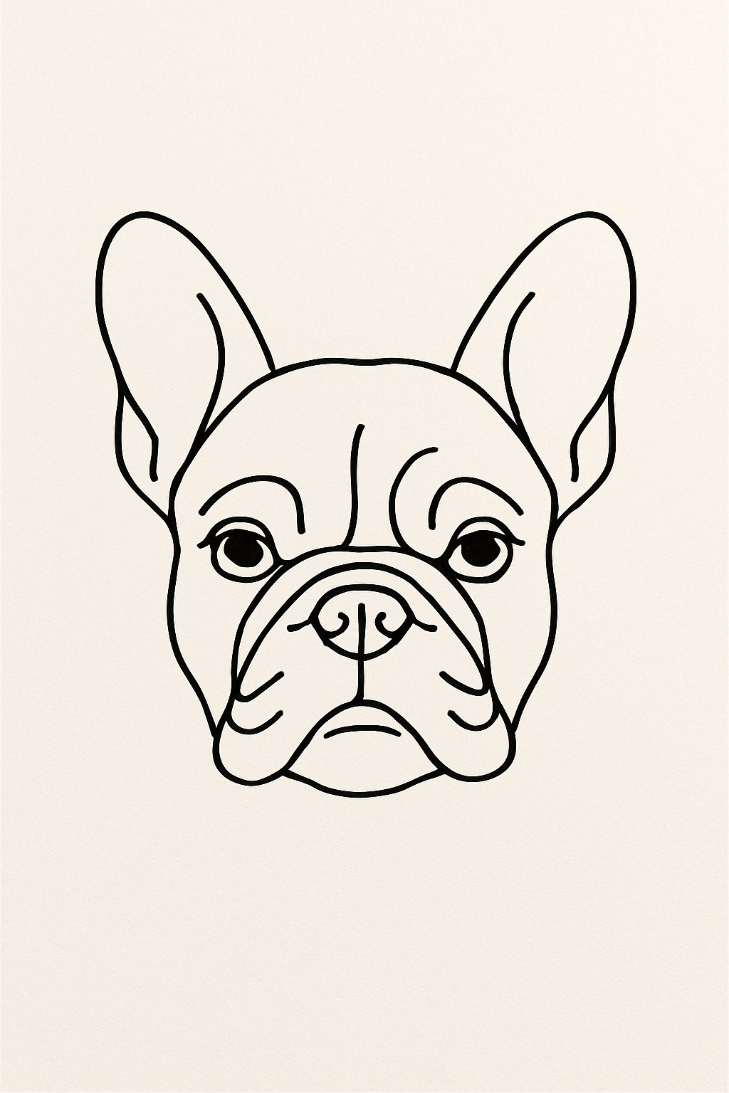 Outline drawing of a French Bulldog's face created with a single continuous line on a plain background.
