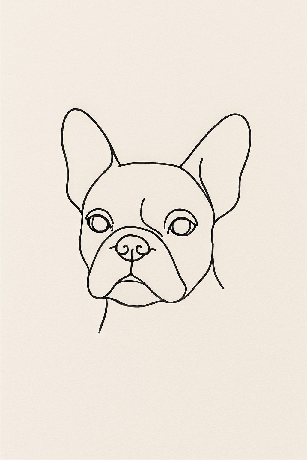 A simple, continuous line drawing of a French Bulldog's face in black ink on a light background.