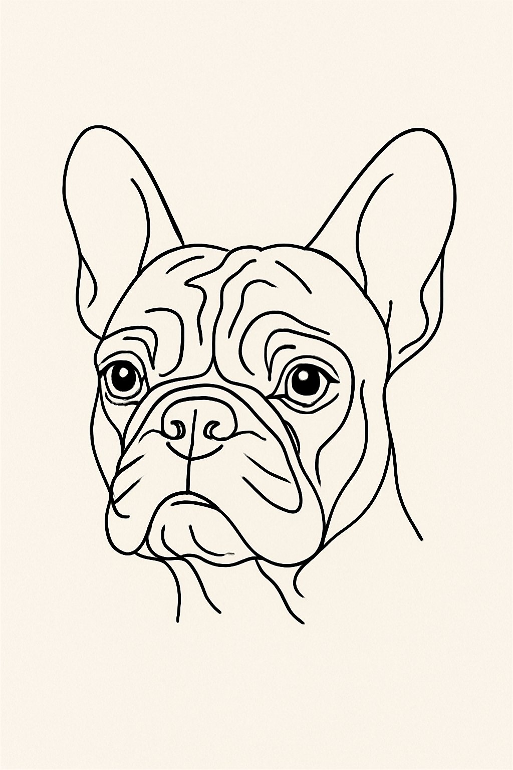 A minimalist line drawing of a French Bulldog's face showing detailed eyes and forehead wrinkles.