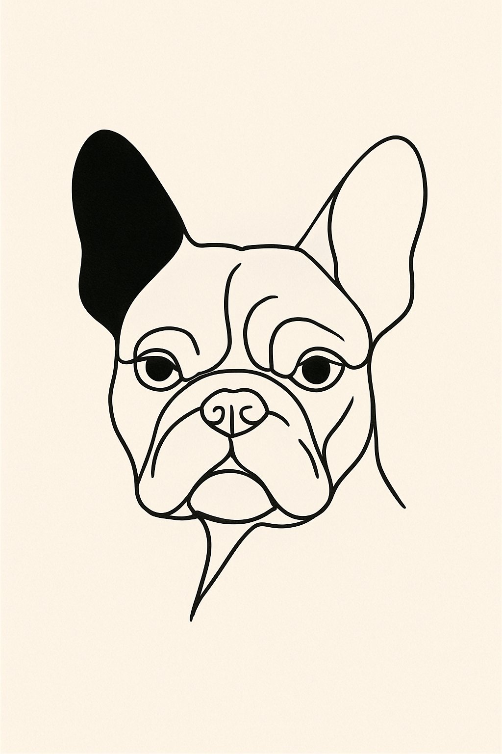 Outline drawing of a French Bulldog's face in a continuous single line on a plain background.