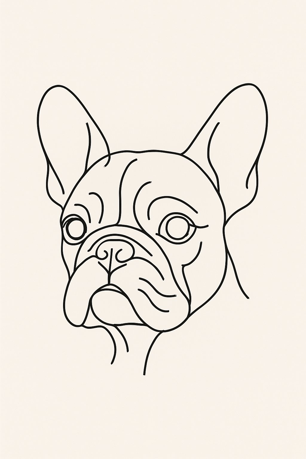 A simple continuous line drawing of a French Bulldog's face on a plain background.