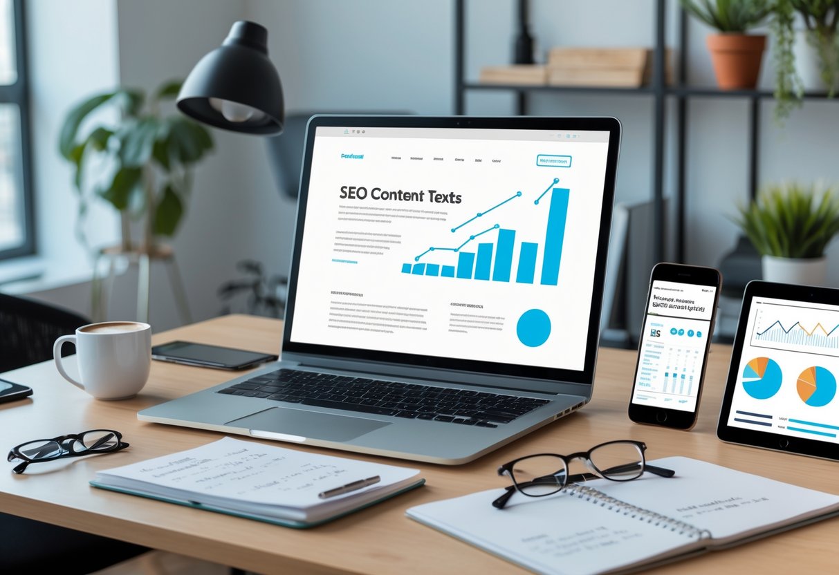 Ein moderner Arbeitsplatz mit Laptop, Notizbuch, Tablet und Smartphone, der eine Umgebung für das Schreiben von SEO-Texten zeigt.