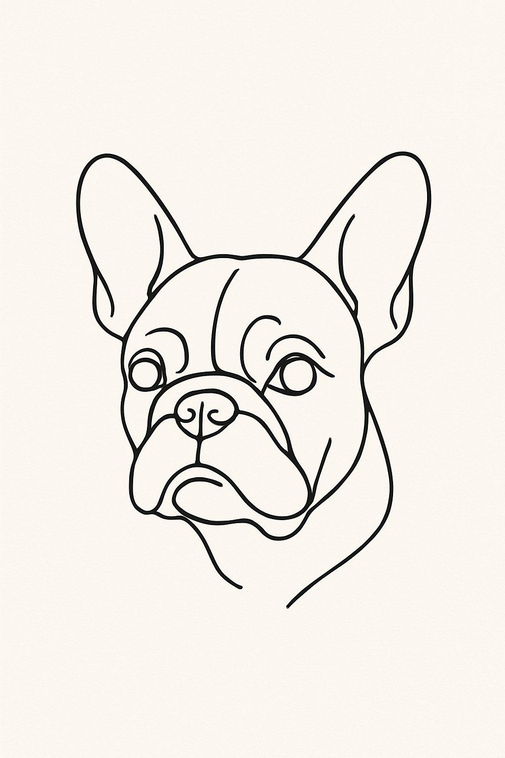 A simple continuous line drawing of a French Bulldog's face outlined on a plain background.
