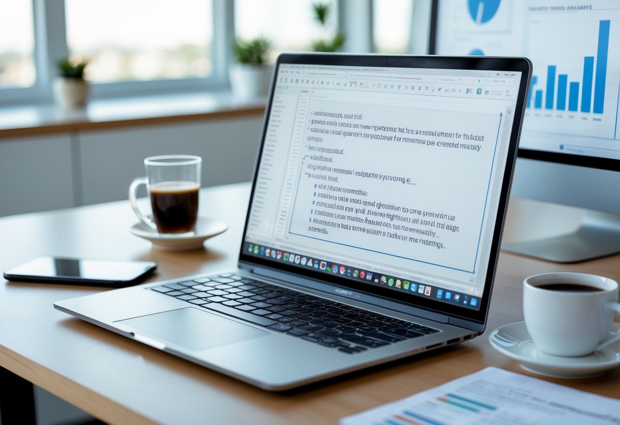 Ein moderner Arbeitsplatz mit Laptop, Smartphone und Kaffeetasse in einem hellen Büro, der die Erstellung von SEO-Texten symbolisiert.