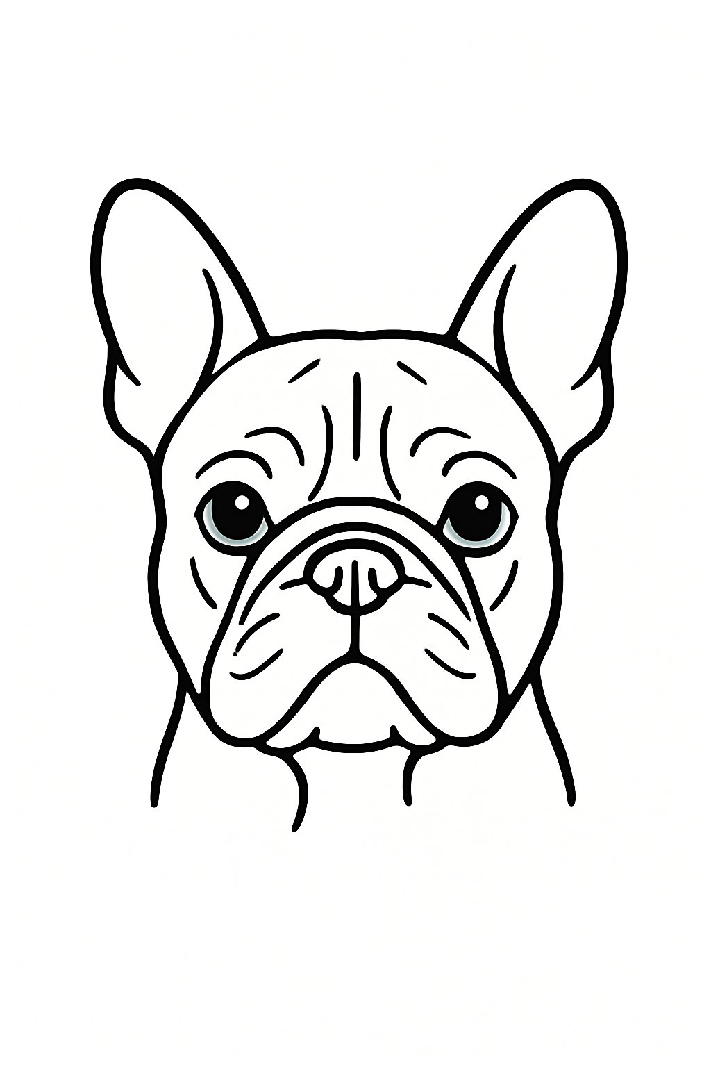 Outline illustration of a French Bulldog's head showing its ears, eyes, snout, and wrinkles.