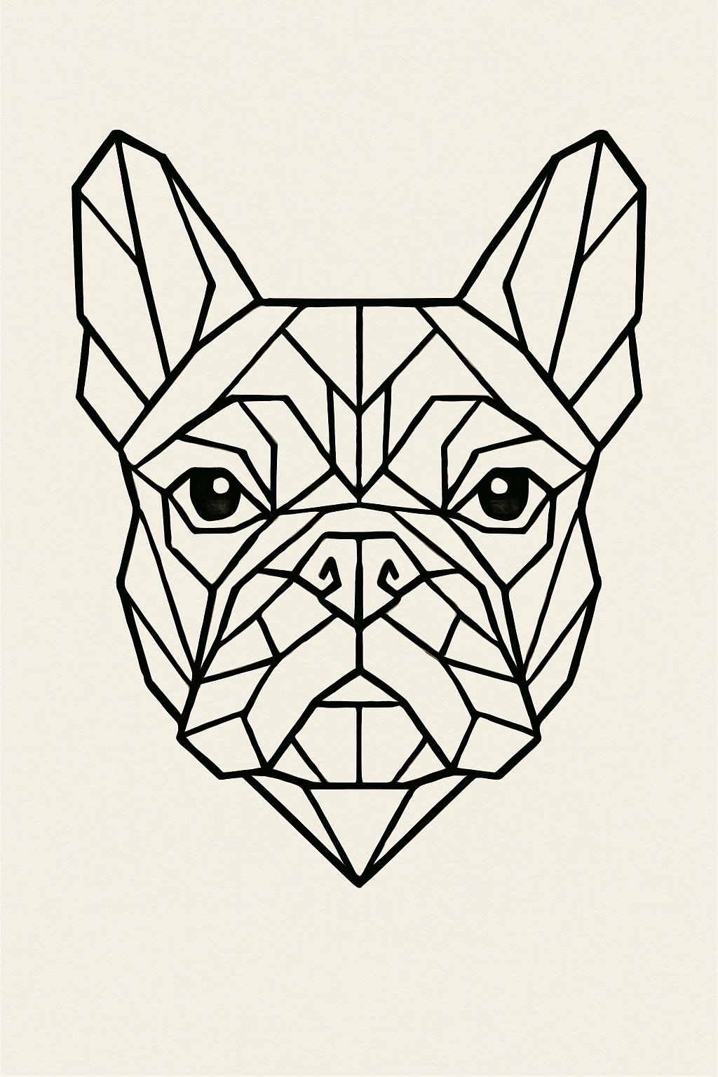 Outline of a French Bulldog's head made up of geometric shapes and clean lines.