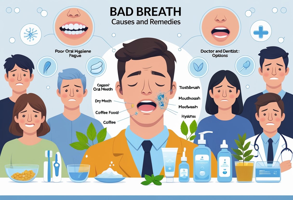 A group of people showing concern and relief with visual elements representing causes and treatments for bad breath, including a close-up of a mouth with bacteria, toothbrushes, mouthwash, mint leaves, and a healthcare professional.