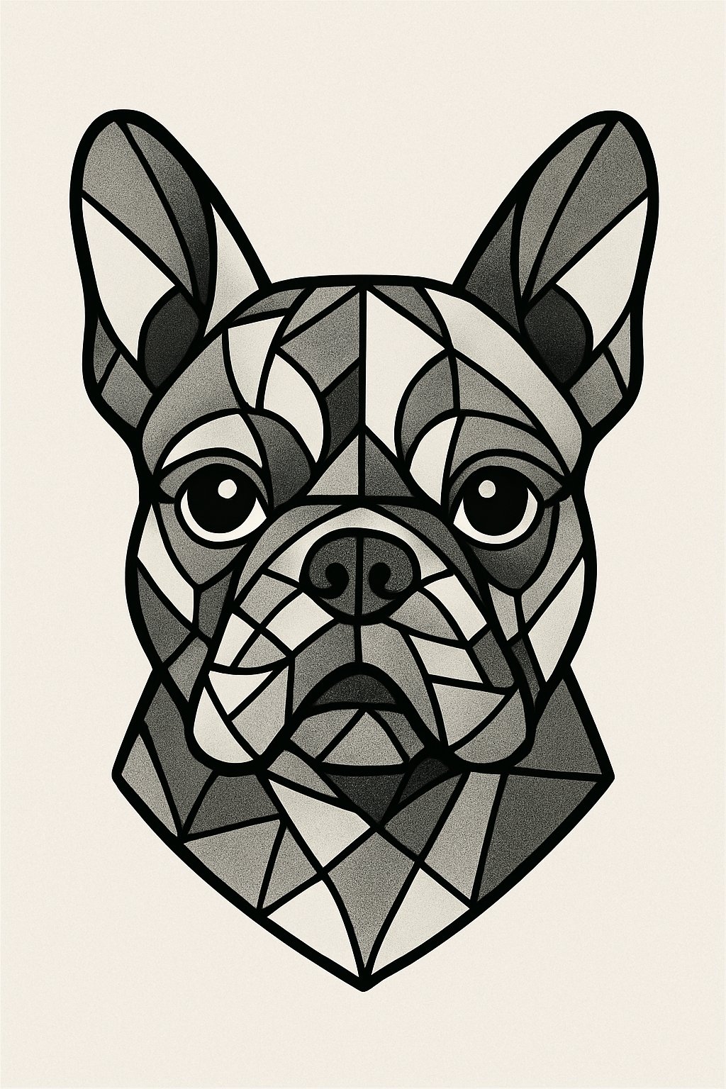 Outline of a French Bulldog's head formed by various geometric shapes.