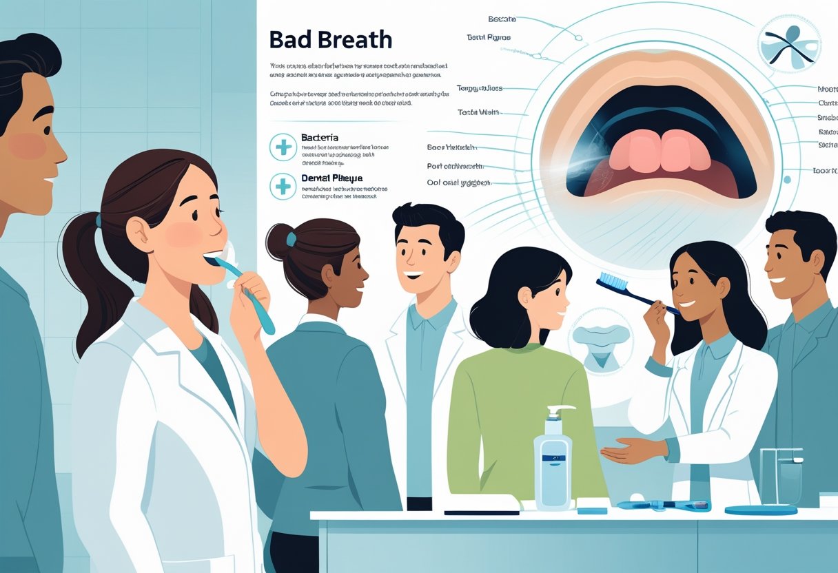 A healthcare professional advising a diverse group of people about oral hygiene and bad breath causes, with visual elements showing a mouth emitting breath vapor and representations of bacteria and dental care items.