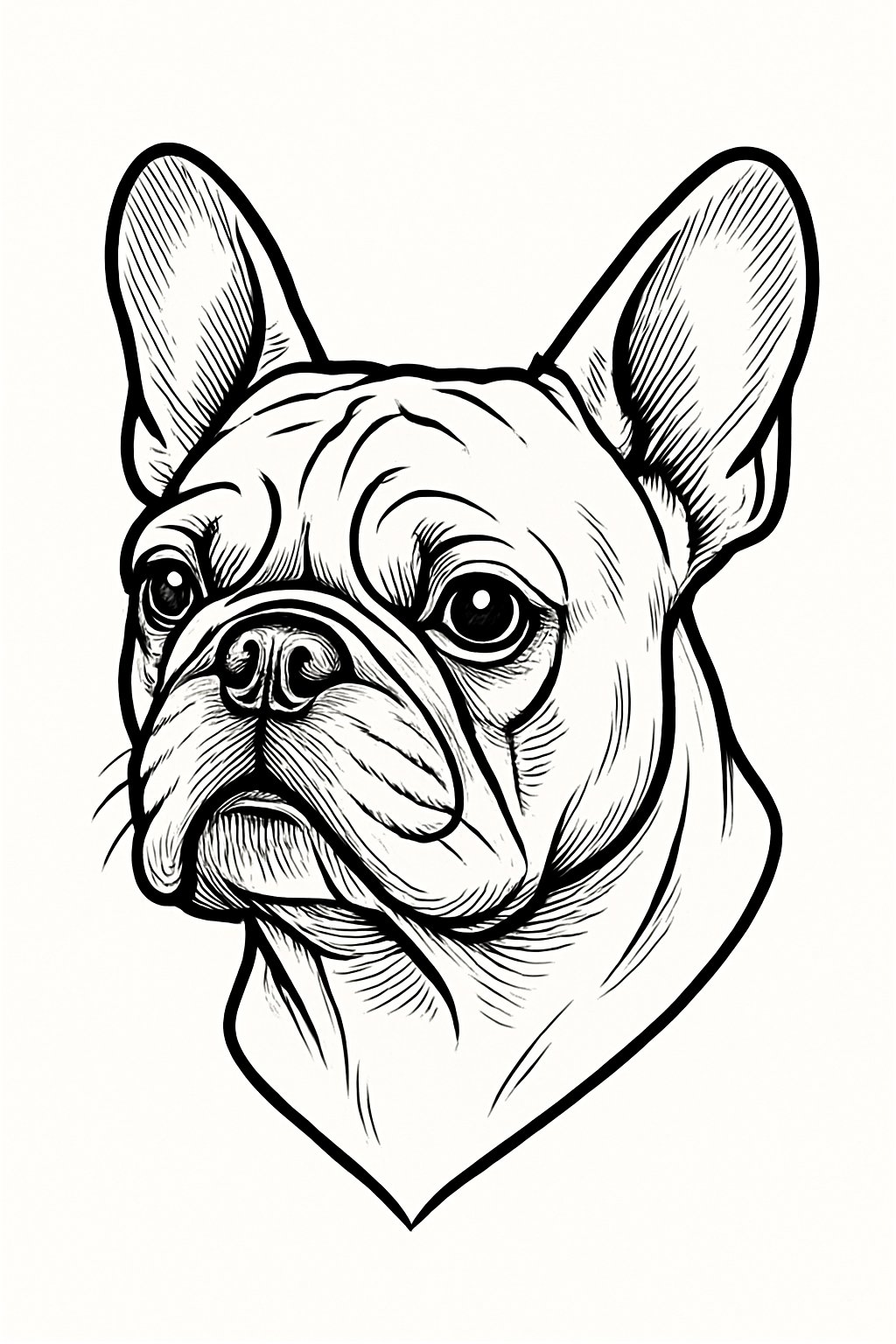 Outline drawing of a French Bulldog's head showing its ears, eyes, nose, and facial wrinkles.