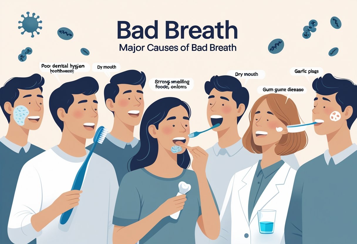 An illustration showing different people with visual cues around their mouths representing causes of bad breath, including poor dental hygiene, dry mouth, strong-smelling foods, and gum disease.