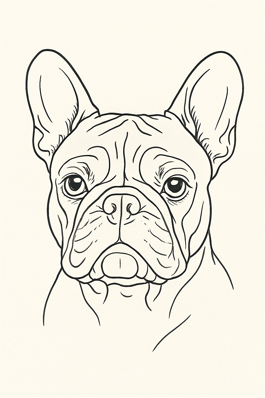 Outline drawing of a French Bulldog's face and ears showing detailed facial features.