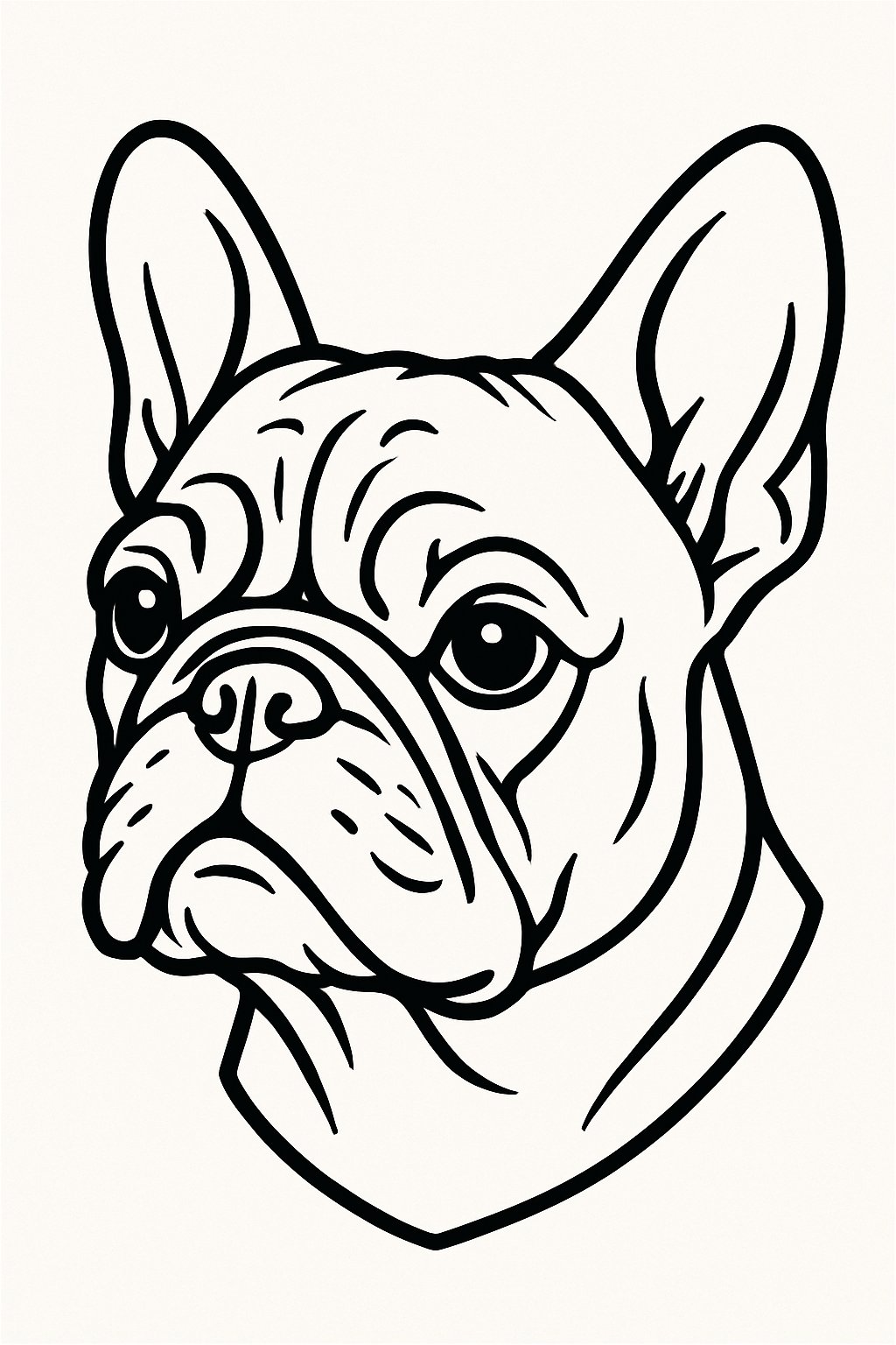 Outline illustration of a French Bulldog's head showing its flat face and large ears.
