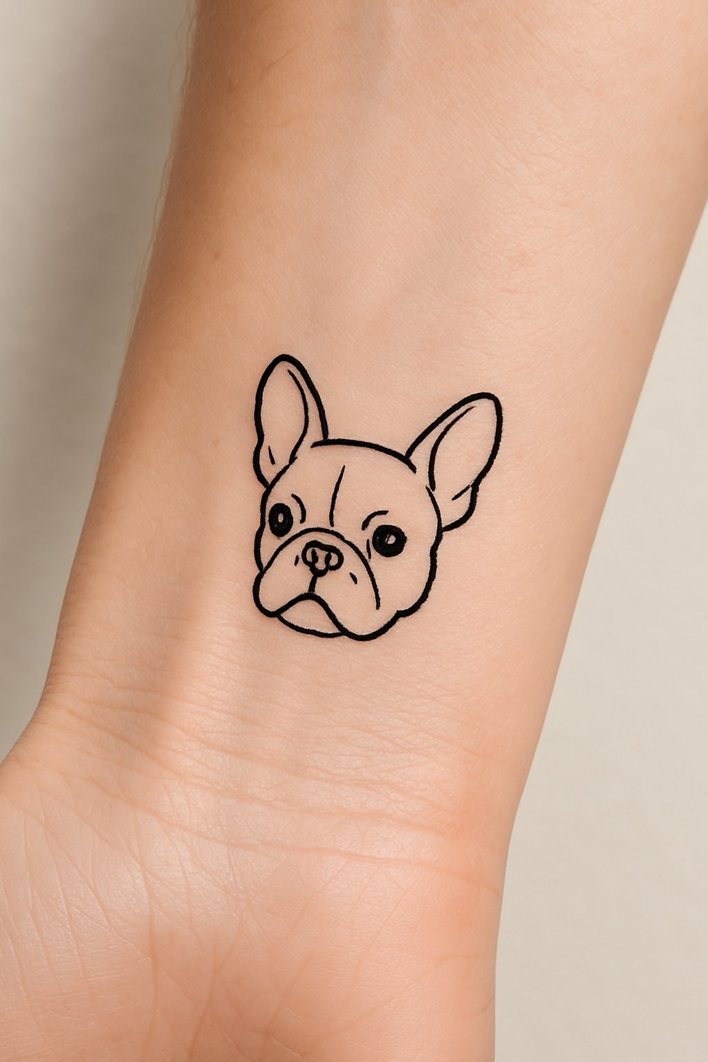Small outline tattoo of a French Bulldog head on a person's wrist or ankle.