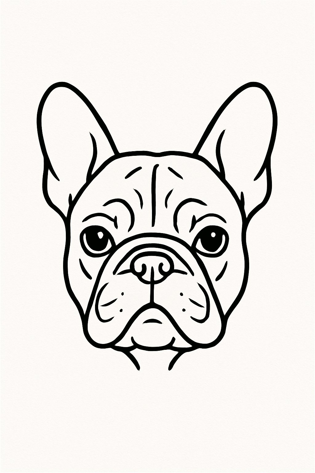 A simple black outline drawing of a French Bulldog's head on a white background.