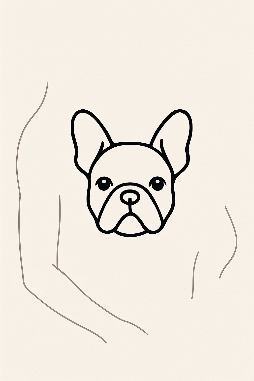 An illustration showing an outlined French Bulldog head tattoo with markers indicating ideal placement areas on the upper arm, wrist, and shoulder.