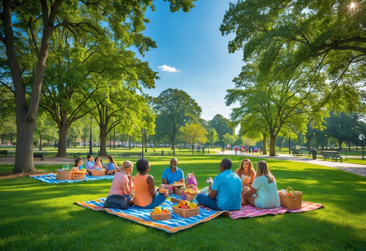 People enjoying a picnic on green grass under tall trees in a sunny park with a clear blue sky.