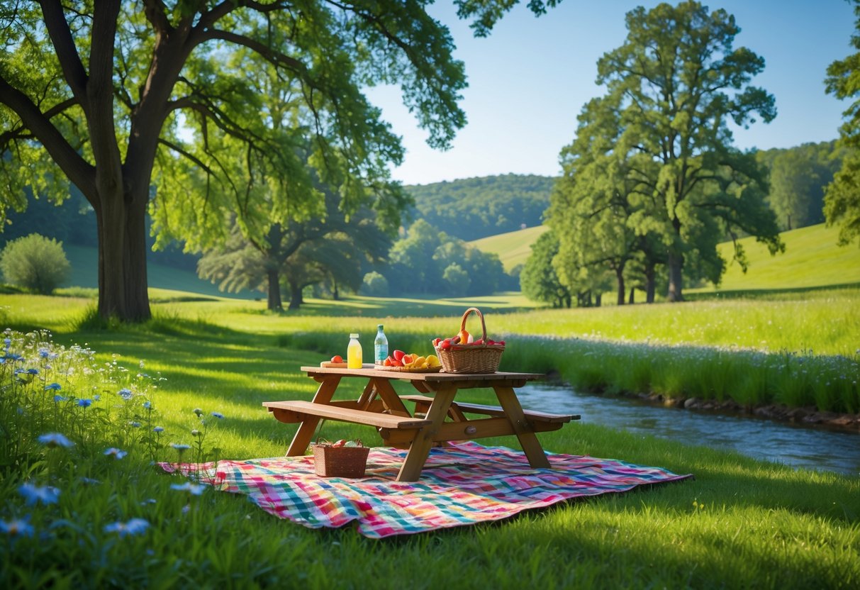 A picnic setup on a wooden table in a green park with trees, wildflowers, a creek, and hills in the background.
