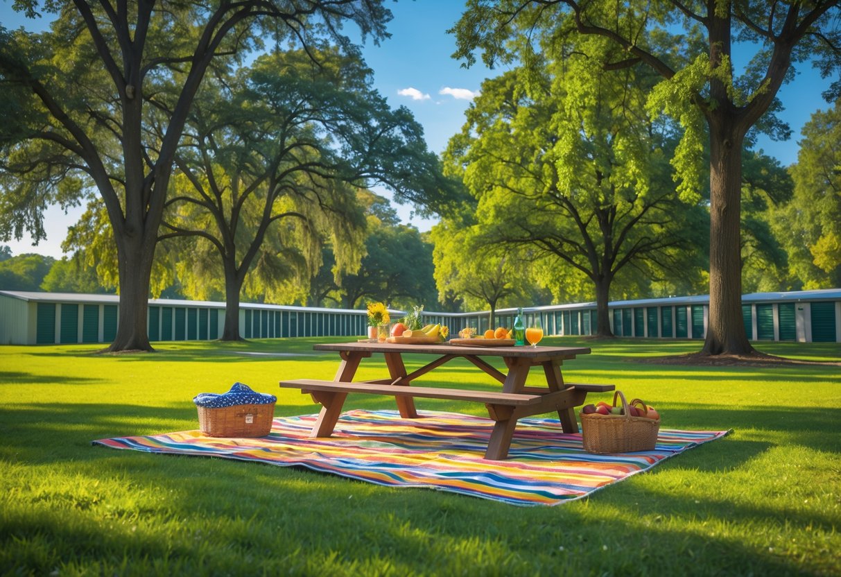 A picnic setup on a wooden table surrounded by green trees and grass under a clear blue sky, with storage units visible in the background.