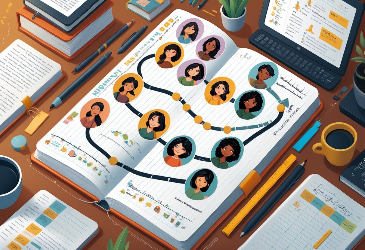 An author&rsquo;s workspace showing character portraits connected by a timeline with notes and story elements, surrounded by books and writing tools.