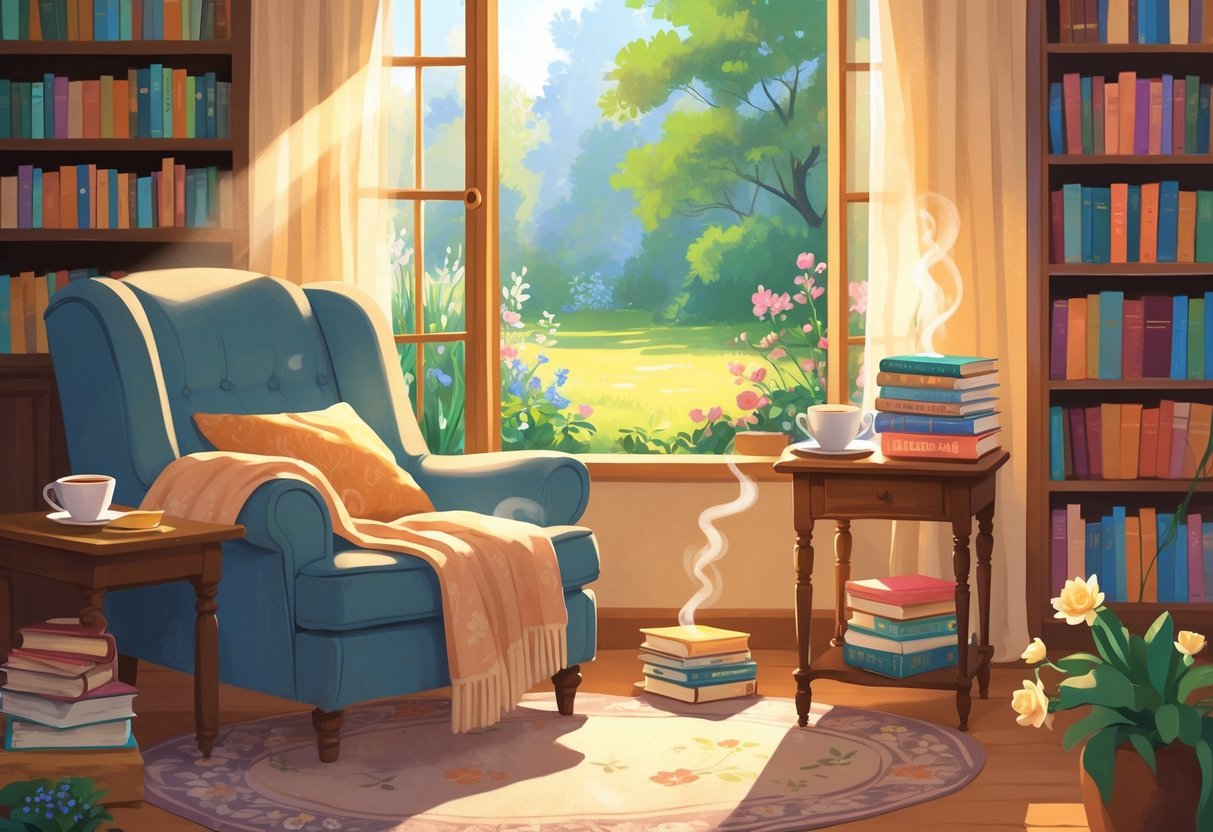 A cozy reading nook with an armchair, a blanket, a stack of books, a cup of tea, a cat on a rug, and a window showing a peaceful garden.
