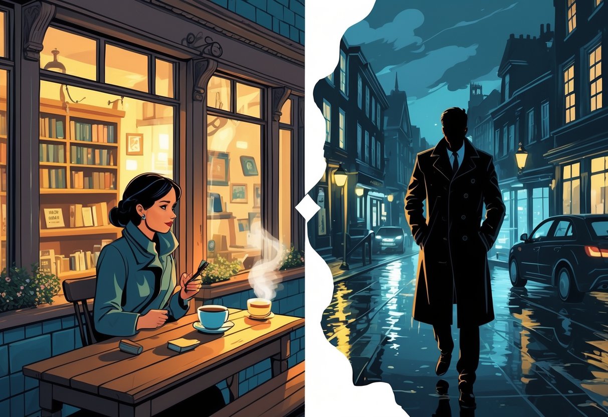 A split scene showing a cozy small-town bookshop with a detective and a cup of tea on one side, and a dark rainy city street with a shadowy figure holding a flashlight on the other.