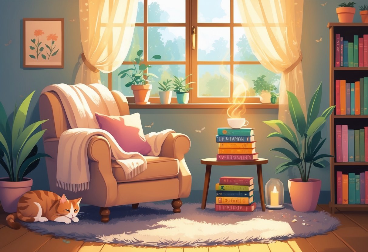 A cozy reading corner with an armchair, a side table holding tea and books, sunlight coming through a window, plants, a candle, and a cat resting on a rug.