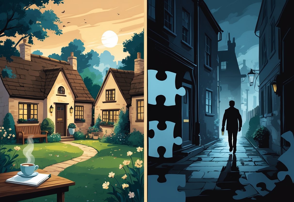 An illustration showing two contrasting scenes: a peaceful village garden with cozy elements on the left and a dark, shadowy urban alley on the right, separated by a dividing line.