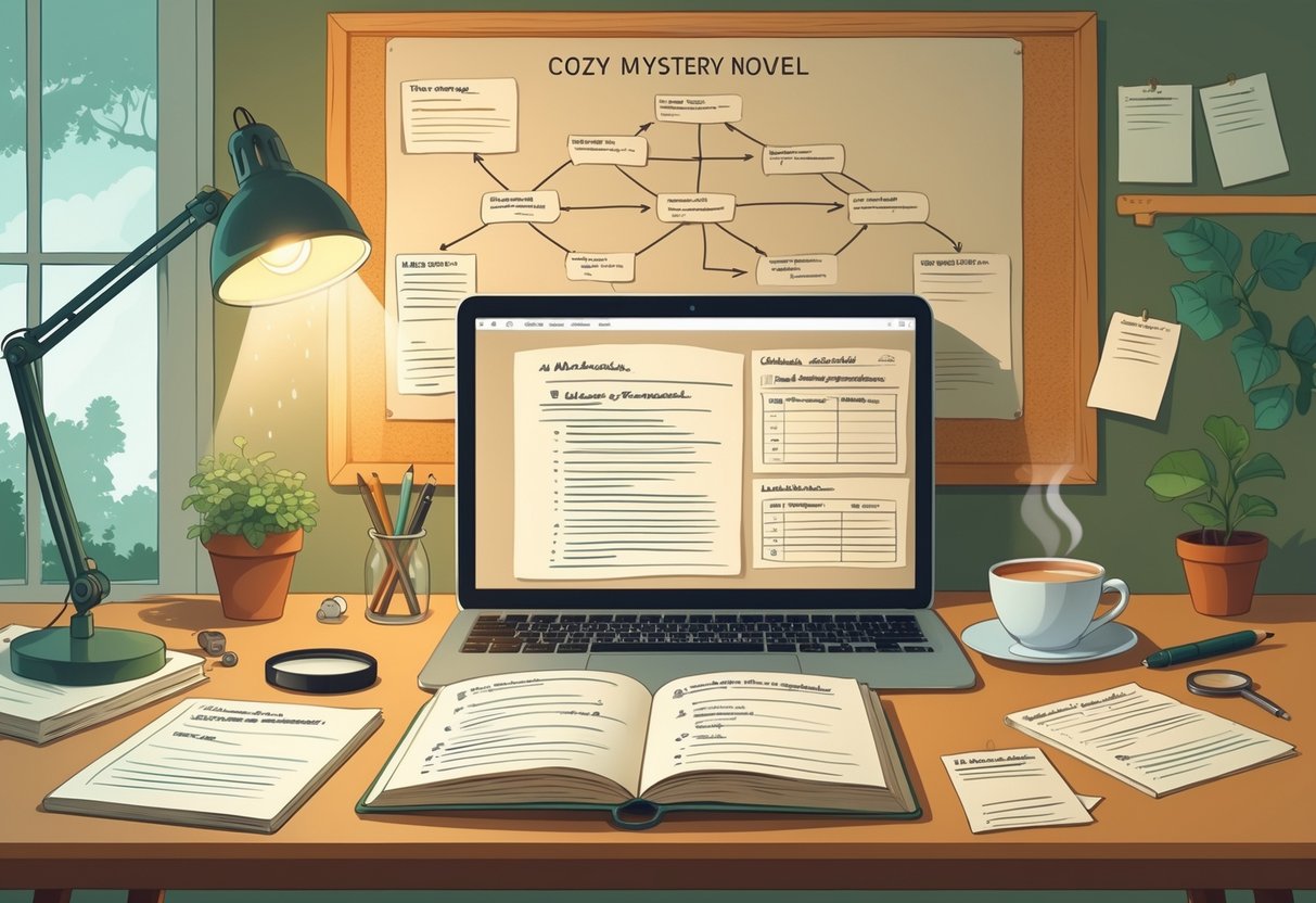 A cozy writer's desk with an open notebook, laptop, index cards, a cup of tea, and a corkboard with an outline, creating a warm and organized writing environment.