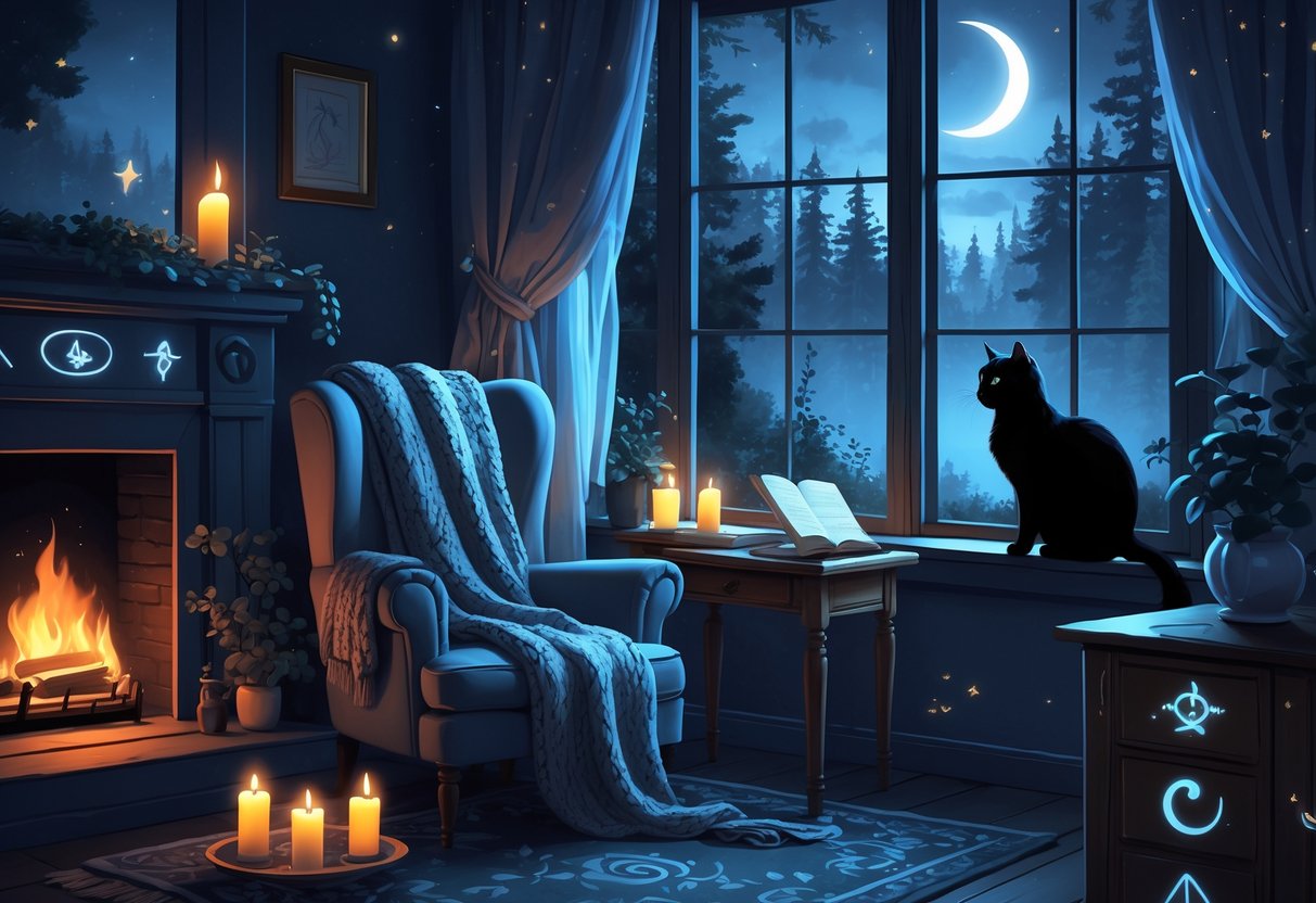 A cozy living room with a glowing fireplace, a steaming cup of tea, an open book, and a black cat on the windowsill looking out at a misty forest under a crescent moon.