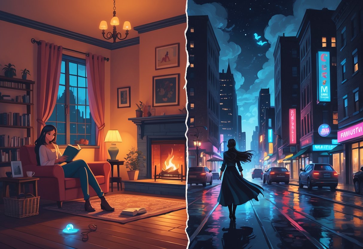 A split scene showing a cozy small-town room with a person reading near a fireplace and subtle paranormal elements on one side, and a vibrant cityscape with a magical figure on the other.
